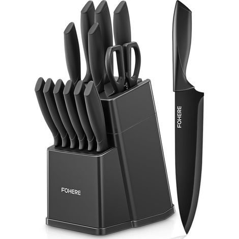 13-Piece Knife Block with Built-in Sharpener, Stainless Steel, Knife Set with PP Handle, with Plastic Knife Block, Matte Grey (1/5)