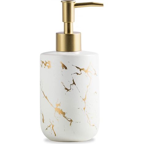 Weißer und goldener Seifenspender aus Keramik, 300 ml luxuriöse Handseifenflasche mit Kunststoffpumpe für Bad und Küche