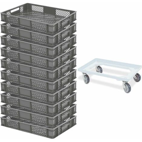 BRB Lot de 10 bacs euros, 600 x 400 x 90 mm, qualité industrielle, qualité alimentaire, gris, avec 1 chariot de transport, blanc