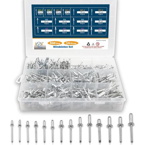 500 Pièces Rivets Aveugles en Aluminium, Assortiment de Rivets Pop en Acier, 14 Tailles pour Métal, Bois, Plastique (M2.4 M3.2 M4 M5) (1/5)
