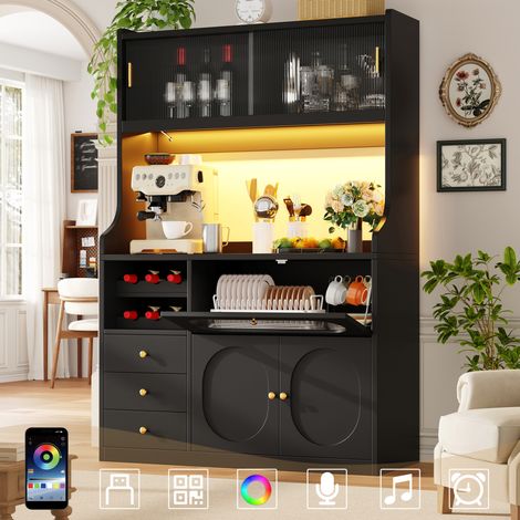 Meuble de cuisine haut 120x40x180 cm avec LED RGB, portes coulissantes vitrées, 3 tiroirs, MDF et métal, noir (1/5)
