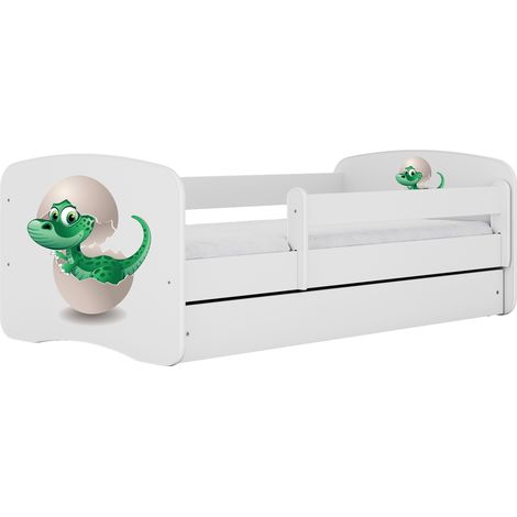 Lit enfant 70x140 cm avec tiroir et barrière avec matelas blanc motif Petit dinosaure (1/5)