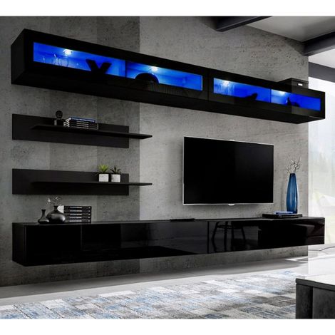 Meuble TV Mural Design "Fly VII" 320cm Noir (1/4)