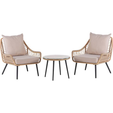 Conjunto de balcón mesa de centro ratán sintético patas de metal 2 sillas cojines beige boho Laureto (1/5)