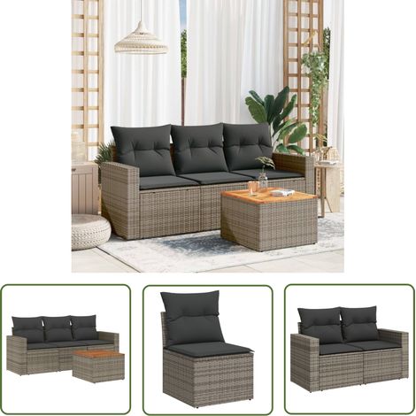 The Living Store Salon de jardin 4 pcs avec coussins gris résine tressée - Ensemble Salon De Jardin - Mobilier De Jardin - Salon Extérieur - Résine Tressée - Rotin Synthétique (1/5)