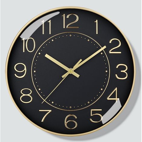 Horloge murale silencieuse de 8 pouces personnages dorés sur fond noir, horloge murale de salon à la mode, horloge à quartz silencieuse simple pour la maison