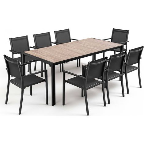 Ensemble table de jardin en aluminium effet bois et 8 fauteuils noirs - Tivoli