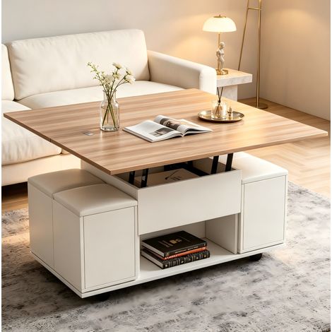 Couchtisch aus Spanplatte, 100 x 100 x 63,5 cm, Weiß + Natur, höhenverstellbar mit Stauraum (1/5)