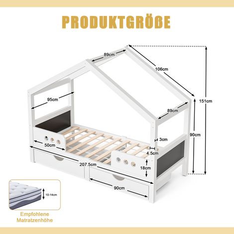 (Ancienne référence : W1880S00037) Lit enfant avec toit en pente, 2 grands tiroirs et structure robuste en bois et MDF, finition laquée UV quasi inodore, supporte jusqu’à 120 kg, convient pour un mate (1/5)