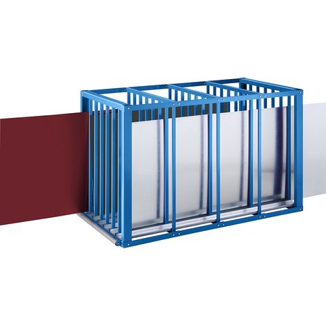 Boîte de stockage pour tôles 1250 x 1100 x 2000 mm – 7 casiers – Acier laqué bleu clair RAL 5012 – Accès coulissant rapide – Eurokraftpro
