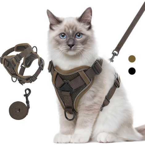 1 - Harnais pour chat - Laisse anti-évasion - Maille respirante et bandes réfléchissantes - Pour chaton et petit chien - Café - M (1/5)