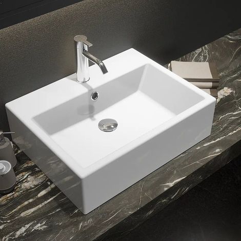 Lavabo à poser rectangulaire avec trop plein 53x41x15 cm Blanc (1/4)