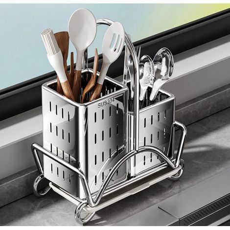 Égouttoir à couverts en acier inoxydable carré 304 avec bac de vidange et boîte de rangement pour couteaux,fourchettes et cuillères . (1/5)
