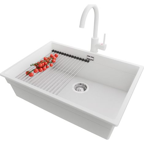 PRIMAGRAN Evier Cuisine en Granit 66x47cm, Lavabo 1 bac + Robinet 32x20cm + Kit de Vidage + Accessoire, Évier à Encastrer au meuble 70cm - Prague Slim, Blanc (1/5)