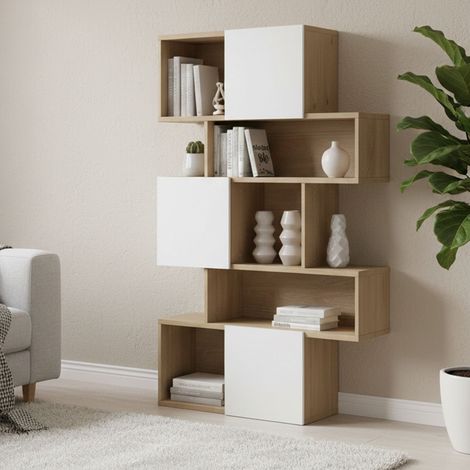 Dmora - Estante para libros Flavie, Estante de oficina, Porta libros móvil, Biblioteca, 96x32 h166 cm, Roble y Blanco brillante (1/5)