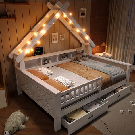 Lit enfant cabane 140 x 200 cm avec LED, rangements et 2 tiroirs, blanc DESVIAE (1/5)