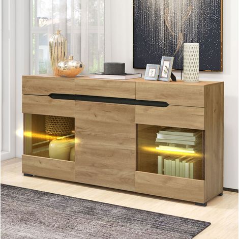 Credenza LED 140 x 35 x 80 cm con ante in acrilico, ripiani in vetro temperato, quercia DESVIAE (1/5)