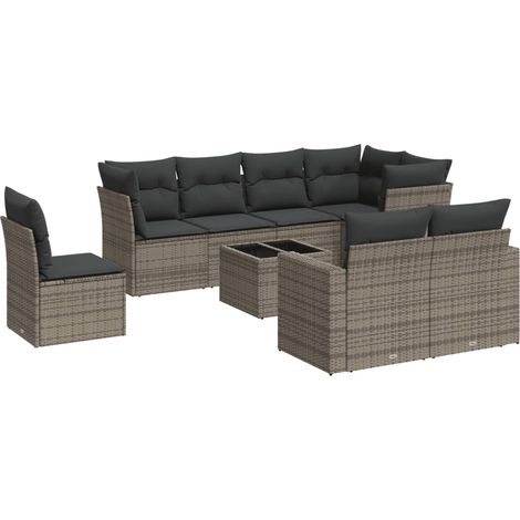 Set de muebles de jardín 9 pzas y cojines ratán sintético gris vidaXL (1/5)