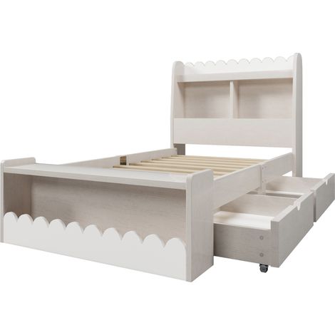 Cama infantil 90x200 cm con almacenaje, cajones y estantes, madera blanca y roble claro (1/5)