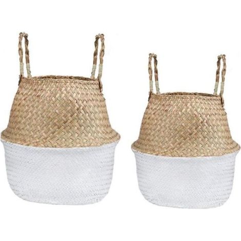 Panier Tissé En Herbe De Mer - Rangement Pliable Avec Poignées - Pour Plantes En Pot Salon Chambre Balcon Pique-Nique - 2 Pièces L (1/4)