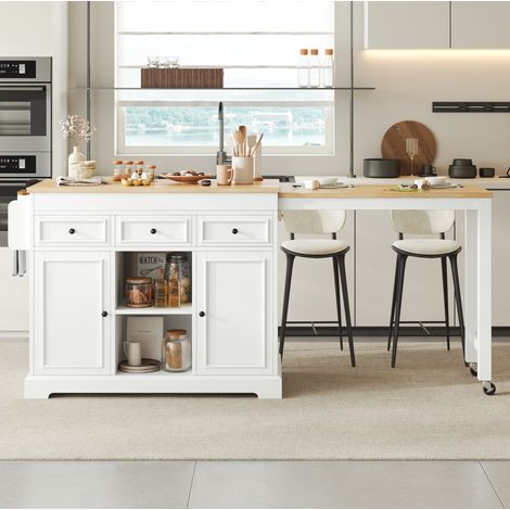 Isla de cocina móvil extensible 188 cm con almacenaje, blanco y natural DESVIAE (1/5)
