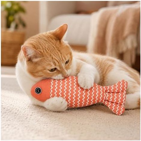 Jouet en lin doux pour chat avec parfum d'herbe à chat, forme de poisson réaliste, jeu d'intérieur et chasse interactive, rose (1/5)