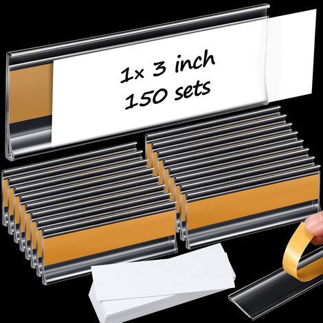 Lot de 150 porte-étiquettes autocollants 3 x 1 pouce avec inserts en papier, transparents pour étagères de supermarchés et bibliothèques. (1/5)
