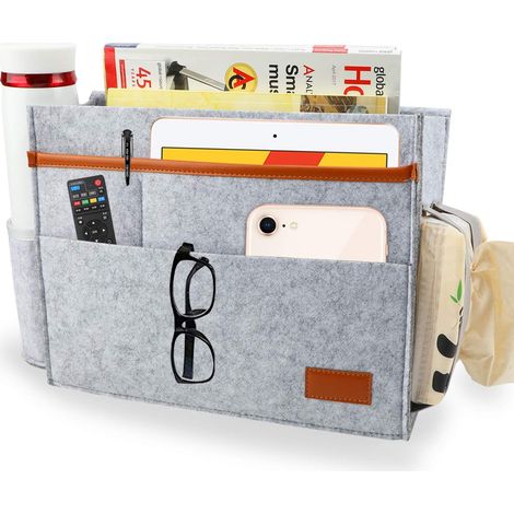 Pochette de rangement de chevet en feutre épais, organiseur suspendu avec 5 poches profondes de différentes tailles pour livre, tablette, tasse et télécommande (Gris) (1/4)