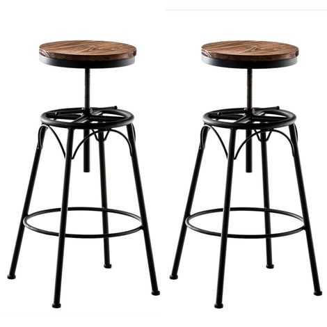 Set di 2 sgabelli da bar moderno in stile industriale altezza regolabile in metallo nero e seduta in legno chiaro 100004019