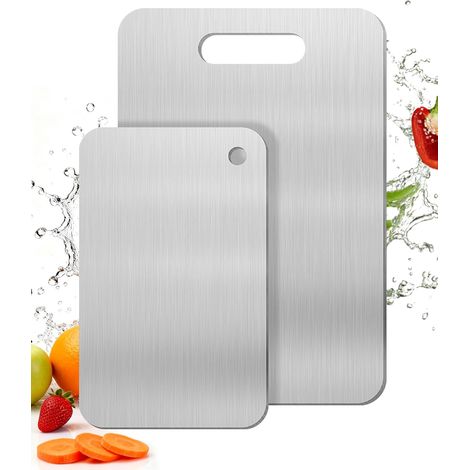 Lot de 2 planches à découper en inox – Planche a decouper inox double face,sans BPA,planche a decouper professionnelle pour viande,pain,légumes et fruits,grande surface (34 x 23 cm + 25 x 15 cm) (1/5)