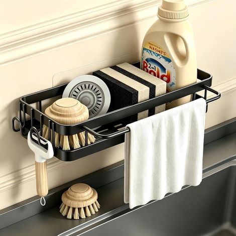 1 Organisateur évier, métal noir, porte-éponge, porte-torchon, crochets, cuisine salle de bain (1/5)
