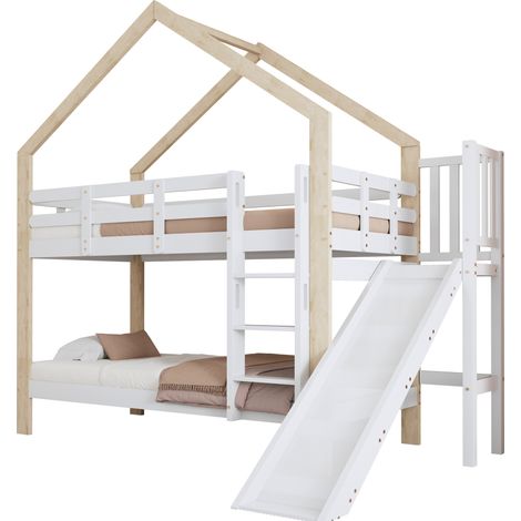 Lit superposé cabane en bois massif/MDF blanc + naturel 90x200 cm avec toboggan, échelle 3 marches et barrières (1/5)