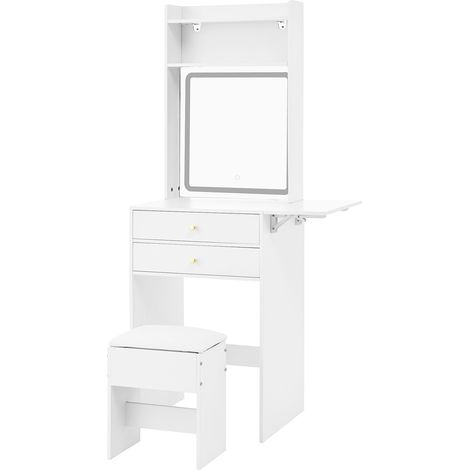 Coiffeuse compacte blanche avec éclairage LED réglable, 2 tiroirs, 2 étagères ouvertes et tabouret (1/5)