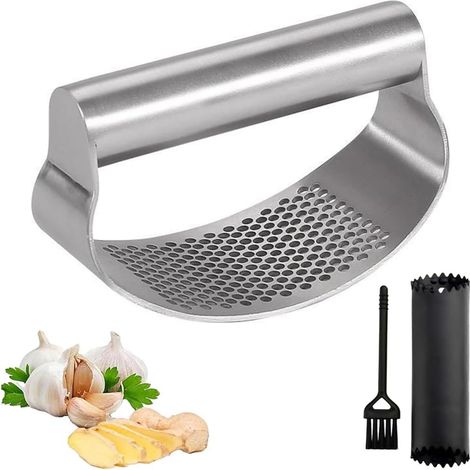Presse-ail à bascule en inox, pour ail et gingembre, avec éplucheur silicone et brosse de nettoyage. (1/5)