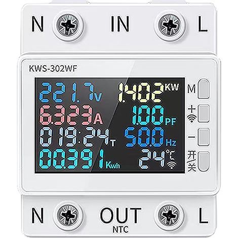 Medidor de energía Tuya WiFi 8 en 1, pantalla a color, 2 pines, multifunción, control remoto mediante aplicación móvil, 170-270V / 63A, montaje estándar en riel