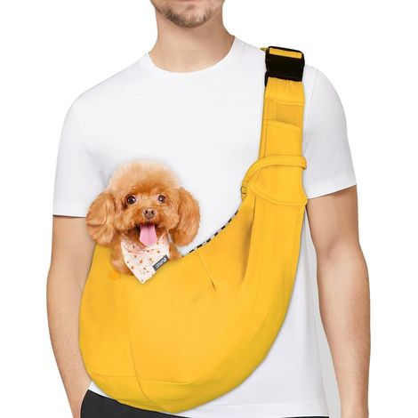 Sac de Transport pour Chien,Sac Transport Chiot, Réversible Sling Bandoulière Réglable, avec Crochet de Collier pour Chiot/Chat/Lapin Jusqu'à 4.99kg, Jaune (1/5)