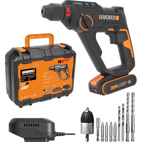 WORX Martello perforatore senza fili 20 V 1,2 J WX391, foratura rapida in calcestruzzo, 3 funzioni in 1, fornito con 10 punte per calcestruzzo, legno e metallo, batteria 2 Ah e caricatore rapido 2 A (1/5)