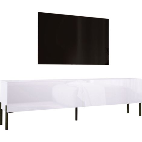 Meuble TV : Blanc Mat / Blanc Brillant, pieds noires, 170 × 52 × 32 cm (1/5)