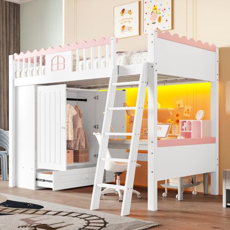 90x200 cm Hochbett, Einzel-Kinderbett mit LED-Beleuchtung, Kleiderschrank, Schublade und EN747 zertifiziert, aus Kiefernholz, weiß, ohne Matratze (1/5)