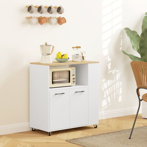 Carrito de cocina con ruedas, isla de cocina con encimera y estante ajustable, 75x40x80,5 cm, blanco