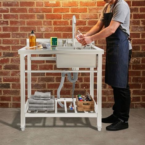 【Chauffage et ventilation】Évier cuisine utilitaire en acier inoxydable, Robinet Rotatif 360°, Porte-Serviette et Étagère de Stockage, Charge 100kg, pour garage, restaurant, buanderie, 800x550x840mm (1/5)