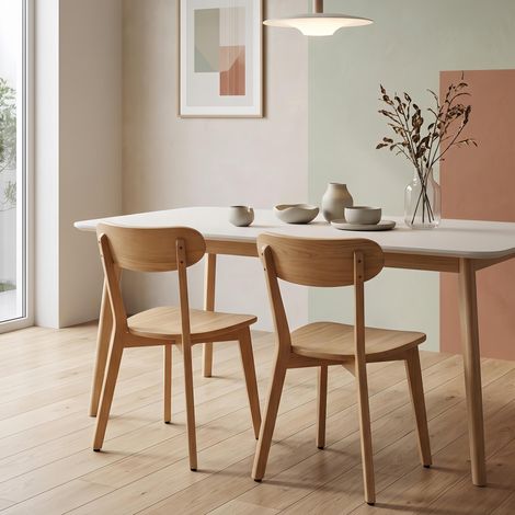 Lot de 2 Chaises Bois Massif Moyen Siècle - Coussin confortable, Chaise cuisine ergonomique - Idéal Salon et Cuisine, Natural (1/5)