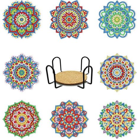 Sous-verres Peinture de diamants – 8 Sous-verres avec support – Peinture de diamants Adultes – Pack complet Peinture de diamants – Avec accessoires – 9,8 x 9,8 x 0,2 cm (1/5)