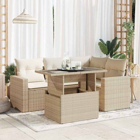 Vidaxl – Salon de jardin 5 pcs beige – Résine tressée résistante aux intempéries – Fonction de rangement sous les sièges – Housse amovible et lavable
