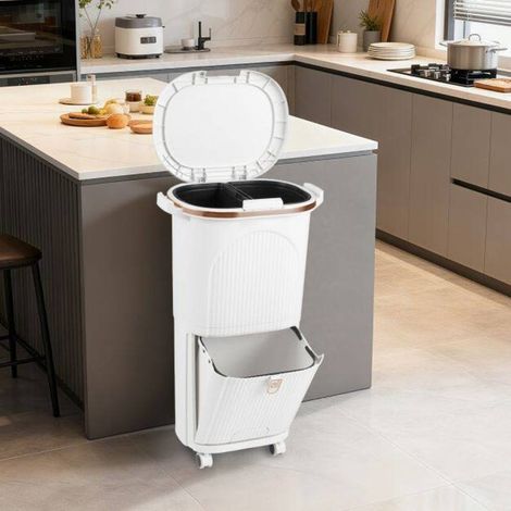 Tri Sélectif Facile sans Se Baisser Poubelle de Cuisine 38L 3 Bacs avec Pédale Rétractable pour Maison Blanc (1/5)