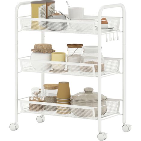 Rollbarer Aufbewahrungswagen mit 3 Ablagen, Servierwagen auf Rädern, 45 x 26,5 x 63 cm, weiß