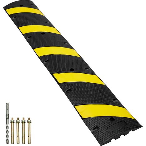 Rampe Protection Câble à 2 Canaux Passage de Câble au Sol en Caoutchouc Passe Câble Ralentisseur Charge 10000 kg avec 4 Vis d'Expansion 1 Foret pour Routes Parkings, 183x30x4,5 cm, Noir/Jaune (1/5)