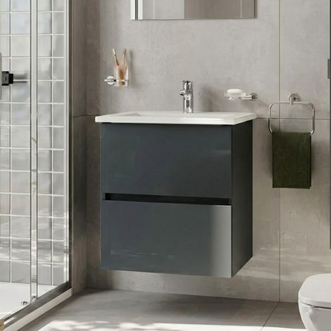 Vitra S20 Square Wall Hung 2-Drawer Vanity Unit and Basin 600mm Wide - High Gloss Anthracite