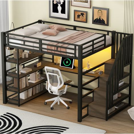 Letto a soppalco in metallo 140x200 con scrivania integrata, ripiani, LED e USB, nero (1/5)