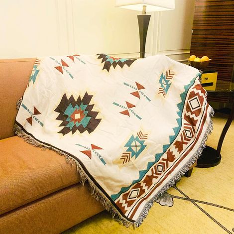 Couverture aztèque, couverture du sud-ouest, couverture bohème à franges tricotées avec motifs décoratifs amérindiens, idéale pour les voyages à la plage. (1/5)